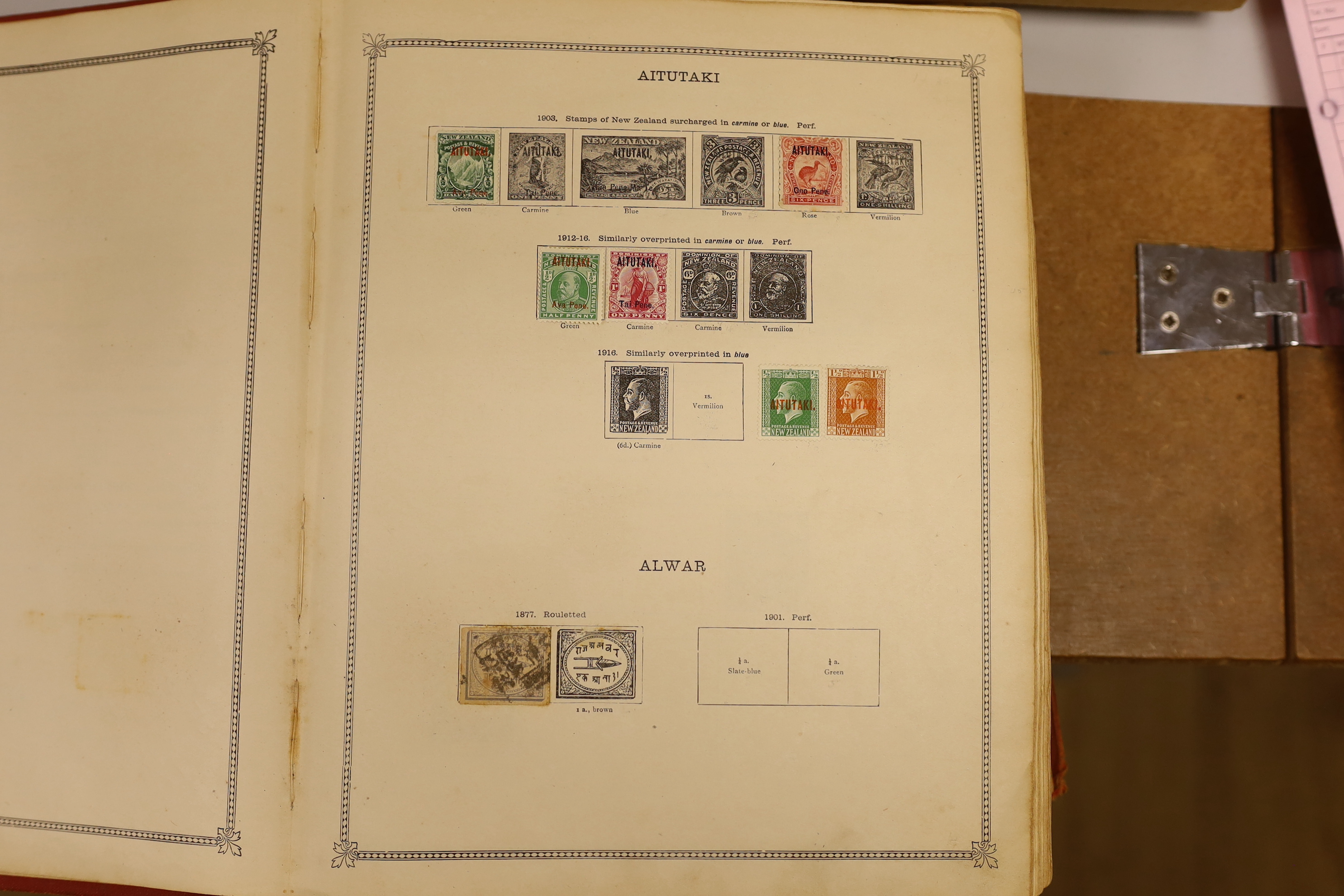 A rare 1914 All World accumulation of postage stamps, including a Cape Triangle, a 2d blue, etc, all mounted in a red Ideal Postage album